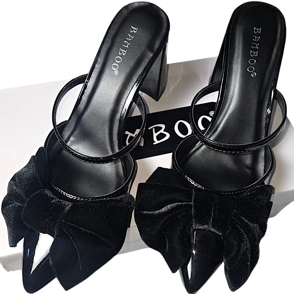 Black Patent Bow Mule Heels Size 7 Pointed Toe Strappy Coquette Party NIB